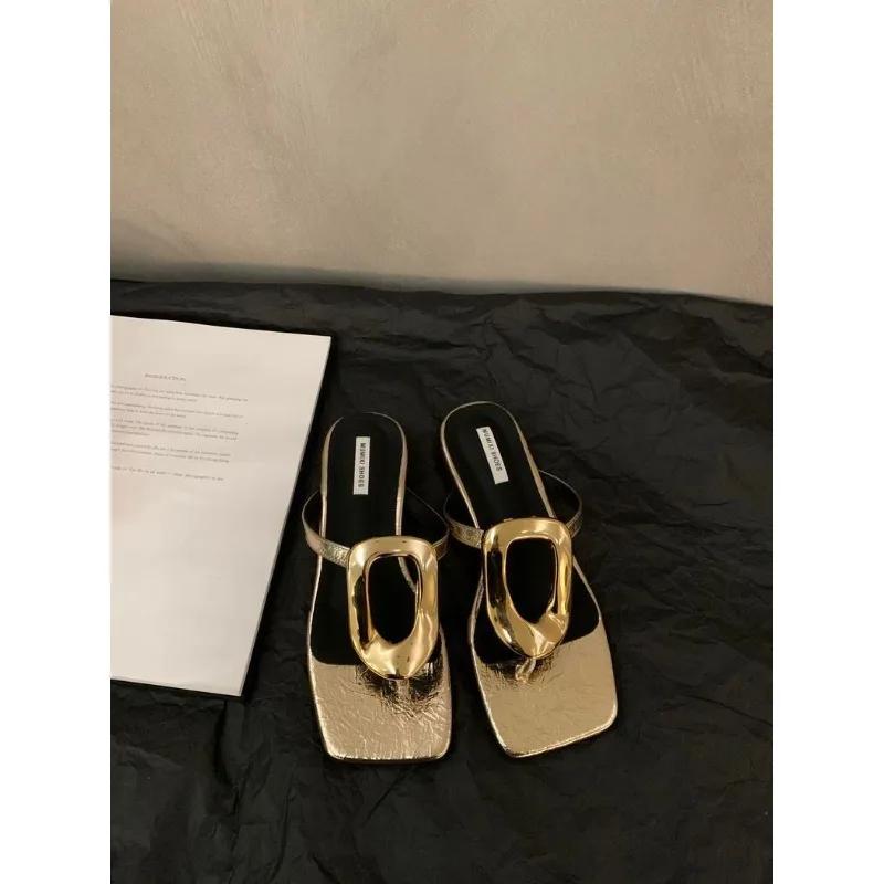 New Square Toe Open-toe Flip-flops Women's Solid Color Versatile Clip-toe Flat Metal Buckle Sandals Shoes for Women