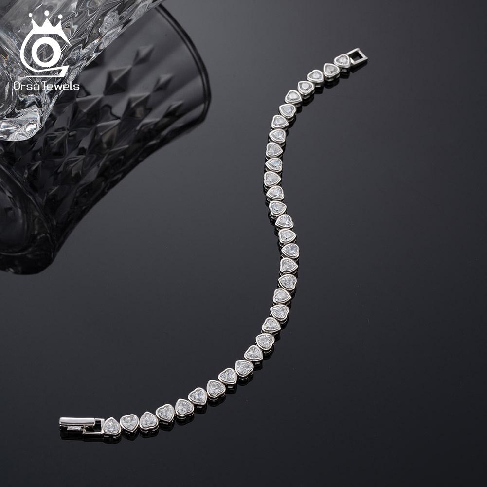 ORSA JEWELS Elegant 925 Sterling Silver Heart Cut 4A Zircon Tennis Bracelet for Women 14K Gold CZ Hand Chain Party Jewelry SB165