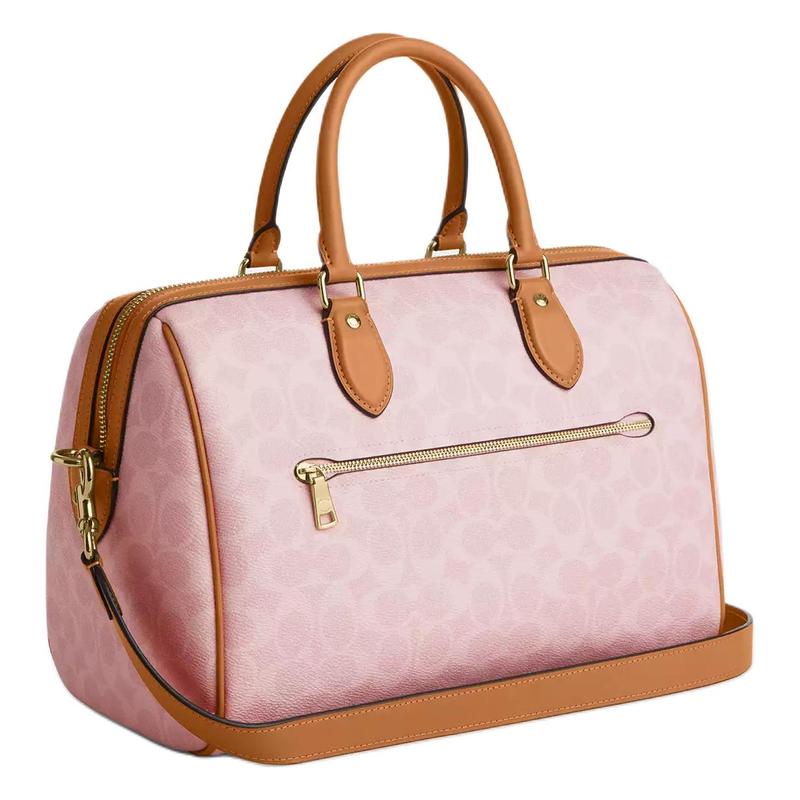Coach Bolsa de ombro Rowan 30 com fecho de flor em lona revestida, tamanho grande, feminina, rosa