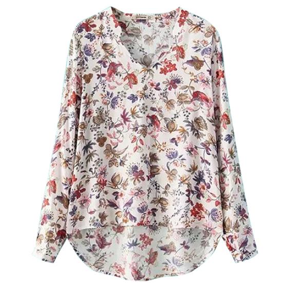 Women's Vintage Style Flower Print V Neck Long Sleeve Cotton Shirt Blouse Top