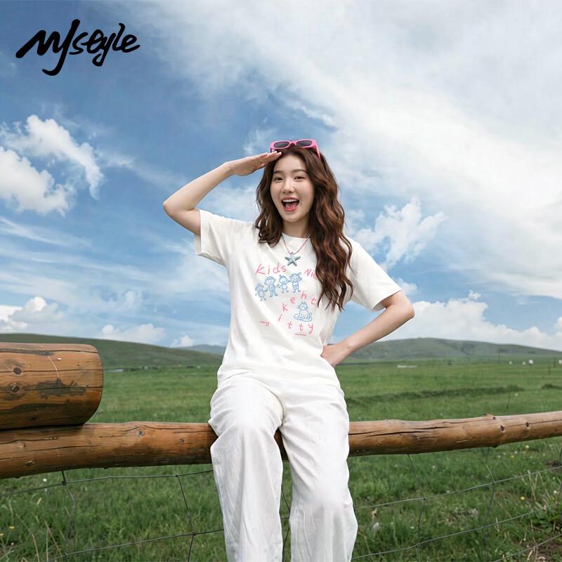MJ Style Women s Loose Fit Cotton Doodle Cat Print T-shirt XL