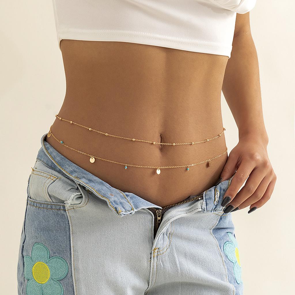Simple Tassel Sequined Double Chain Casual Pants Chain Hip Hop Body Chain, Fashionable Retro Turquoise Waist Chain