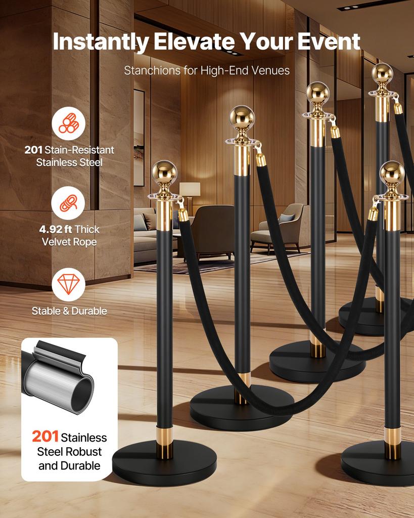 VEVOR Stanchion Post, 8 Pcs Crowd Control Barrier Set with 6 Black Velvet Ropes