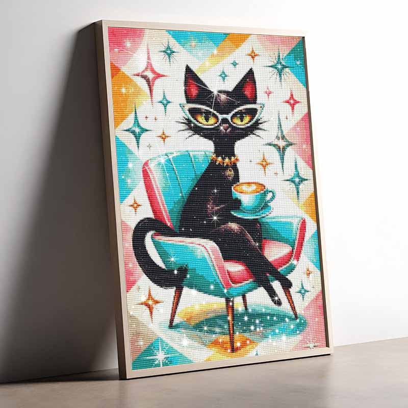 5D DIY Diamond Painting Kit Stylish Black Cat Drinking Coffee Art Diamond Embroidery Rhinestones Full Drill 30x40cm Home Wall Decor Gift Adults