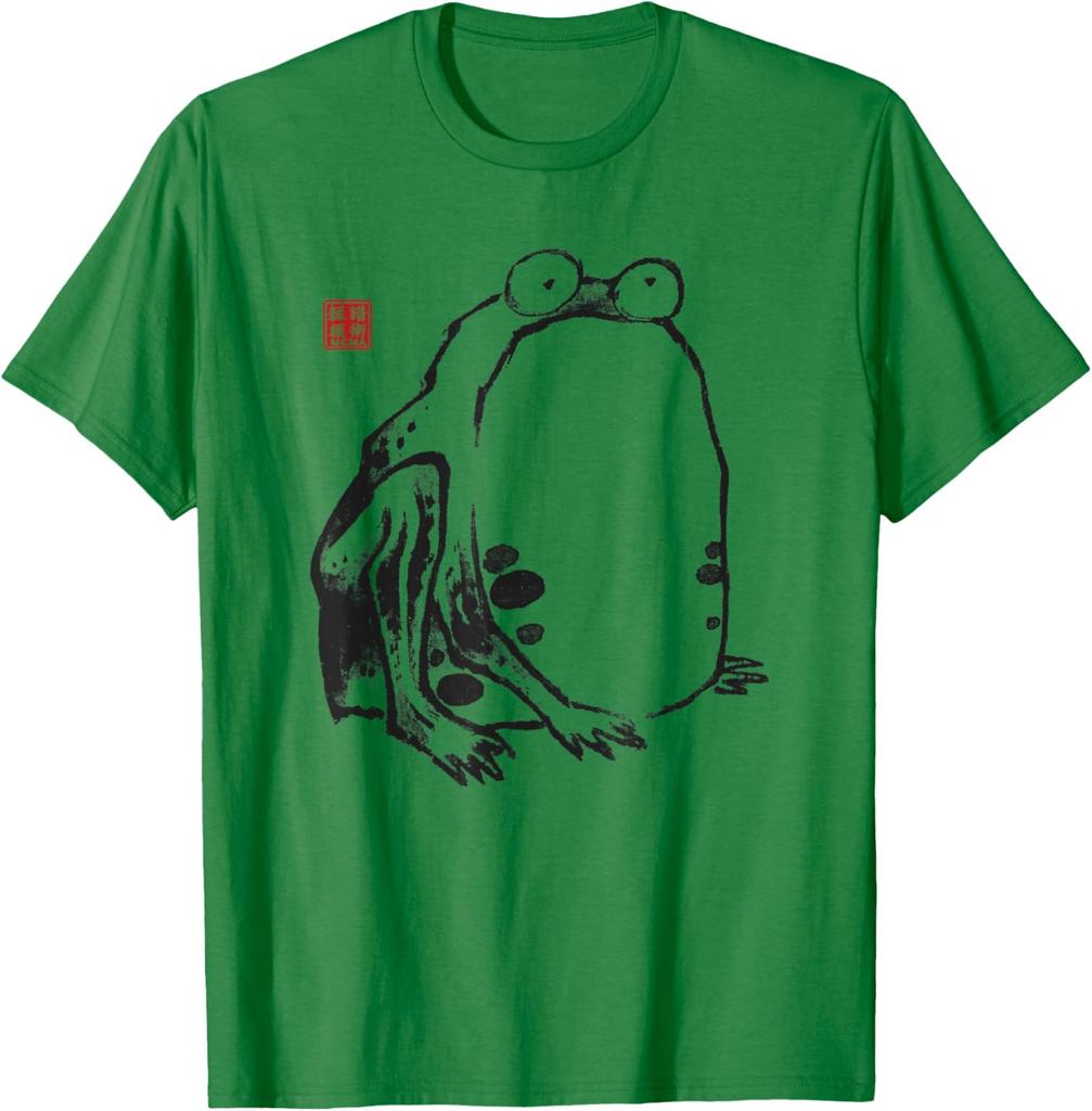Japanese Frog Art Sumie Ink Painting Graphic Tee Casual Crewneck TShirt for Men