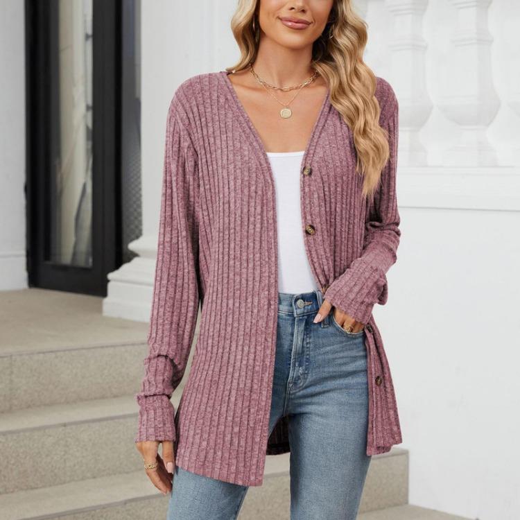 Fashionable Women Casual Long Sleeve Loose Button Cardigan Jacket Solid Color