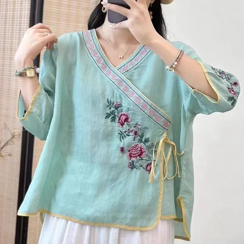 Women S New Chinese Style V Neck Lace Up Loose Fit Cotton Linen Embroidered Shirt M