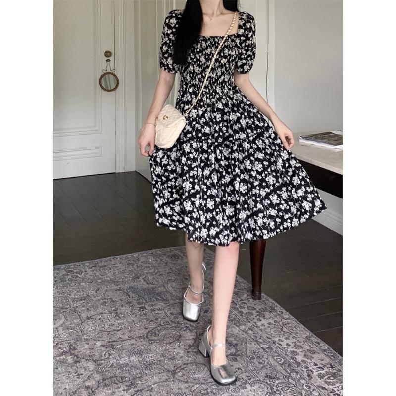 Plus Size French Bubble Sleeve Square Neck Summer Dress - Slimming Hepburn Style Little Black Dress XL