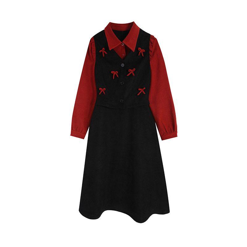 

Five Seasons Plus Size Women s Clothing College Style Fake Two-Piece A-Line Spring Dress Slimming Bowknot Elegant Dress Black with Red 3XL