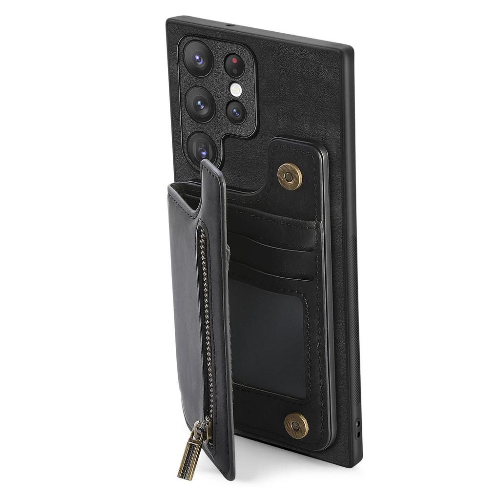 D15 For Samsung Galaxy S23 Ultra Case Retro PU+TPU Zipper Wallet Phone Cover with Kickstand
