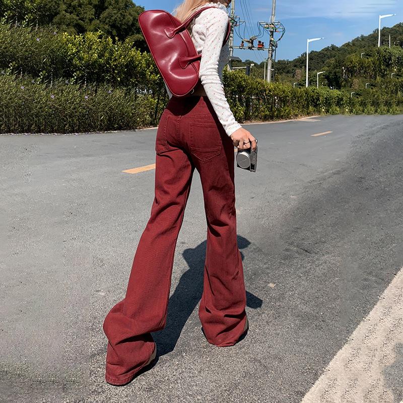American retro low-rise brown flared pants slim-fitting and thin autumn and winter jeans women's & trousers extended