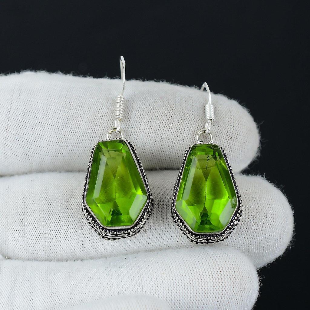 Amazing Peridot Coffin Gemstone Earrings, 925 Sterling Silver Earring, Handmade Boho Silver Jewelry Dangle Earrings, Party Wear Gift