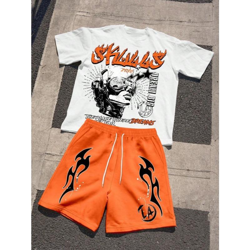 Letni Męski Modny Oddychający Wygodny T-shirt z Nadrukiem Litery Okrągły Dekolt Komplet Szortów Outdoorowy Casualowy Top