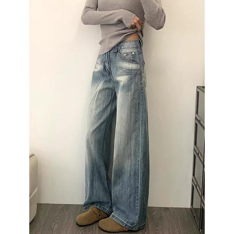 

Women s Retro Washed High Waist Wide Leg Jeans - Autumn Straight Leg, Loose Fit, Floor Length XL светло-синий
