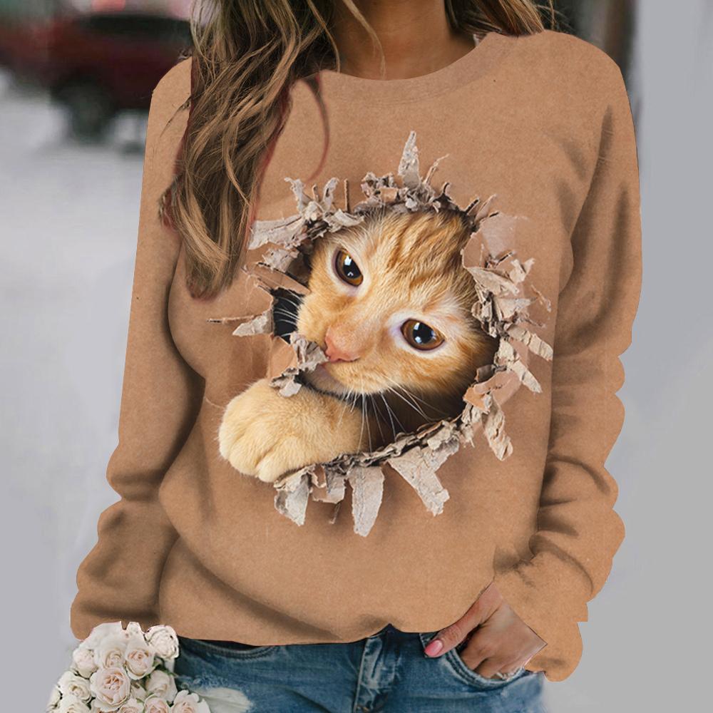 Tricouri pentru femei cu imprimeu cu pisici cu anime Pulover stil vintage din bumbac cu decolteu O Y2k cu mânecă lungă Îmbrăcăminte de damă Pulover de stradă supradimensionat