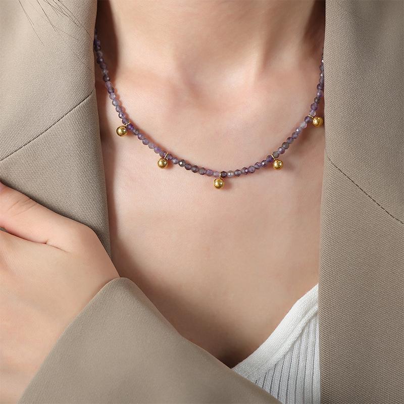 Natural Stone Purple Beaded Handmade Necklace Maillard Accessories Niche Temperament Versatile Personality Collarbone Chain Jewelry Women