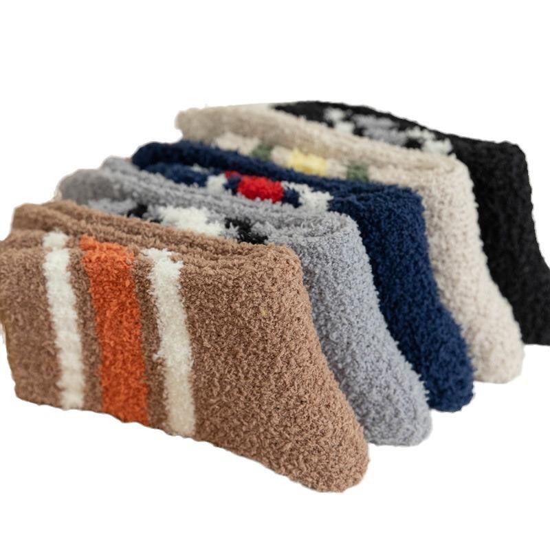 5/10 Pairs Striped Coral Fleece Socks for Men Winter Thickened Warm Mid Calf Socks Home Floor Socks Comfortable