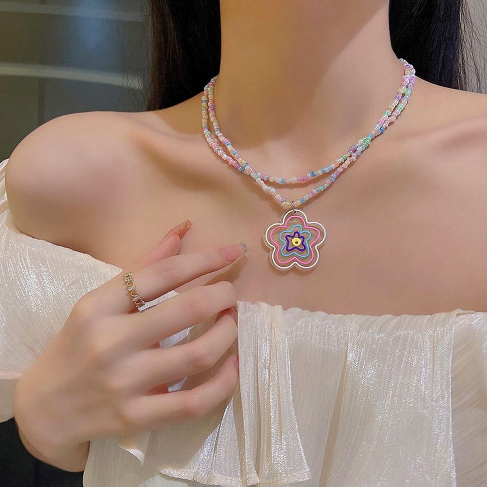 

Trendy Colorful Beads Heart Flower Necklace Cute Five-pointed Star Collarbone Chain Woman