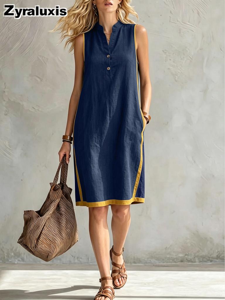 New Women's V-Neck Sleeveless Casual Loose Linen Dress