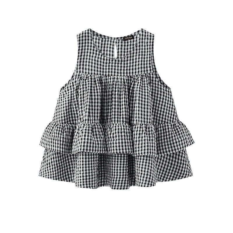 VONDA Summer Women Sleeveless Plaid Print Ruffled Tank Tops T-shirts