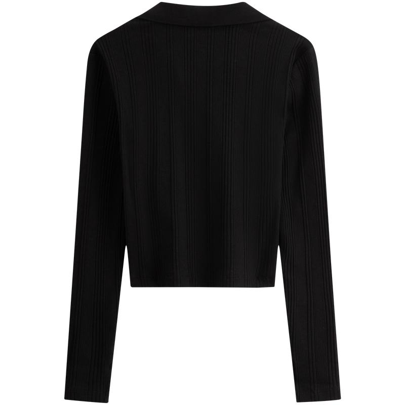 Calvin Klein Minimalist Embroidered Slim Fit Polo Neck Long Sleeve T-Shirt Women Tops Space-Black J224946
