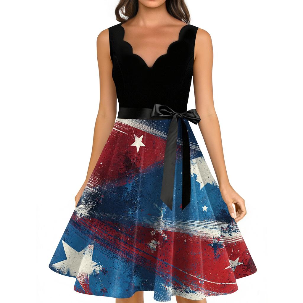 Sleeveless Scalloped Neckline Dress with Printed Flared Skirt and Waist Ribbon for Casual or Party Wear