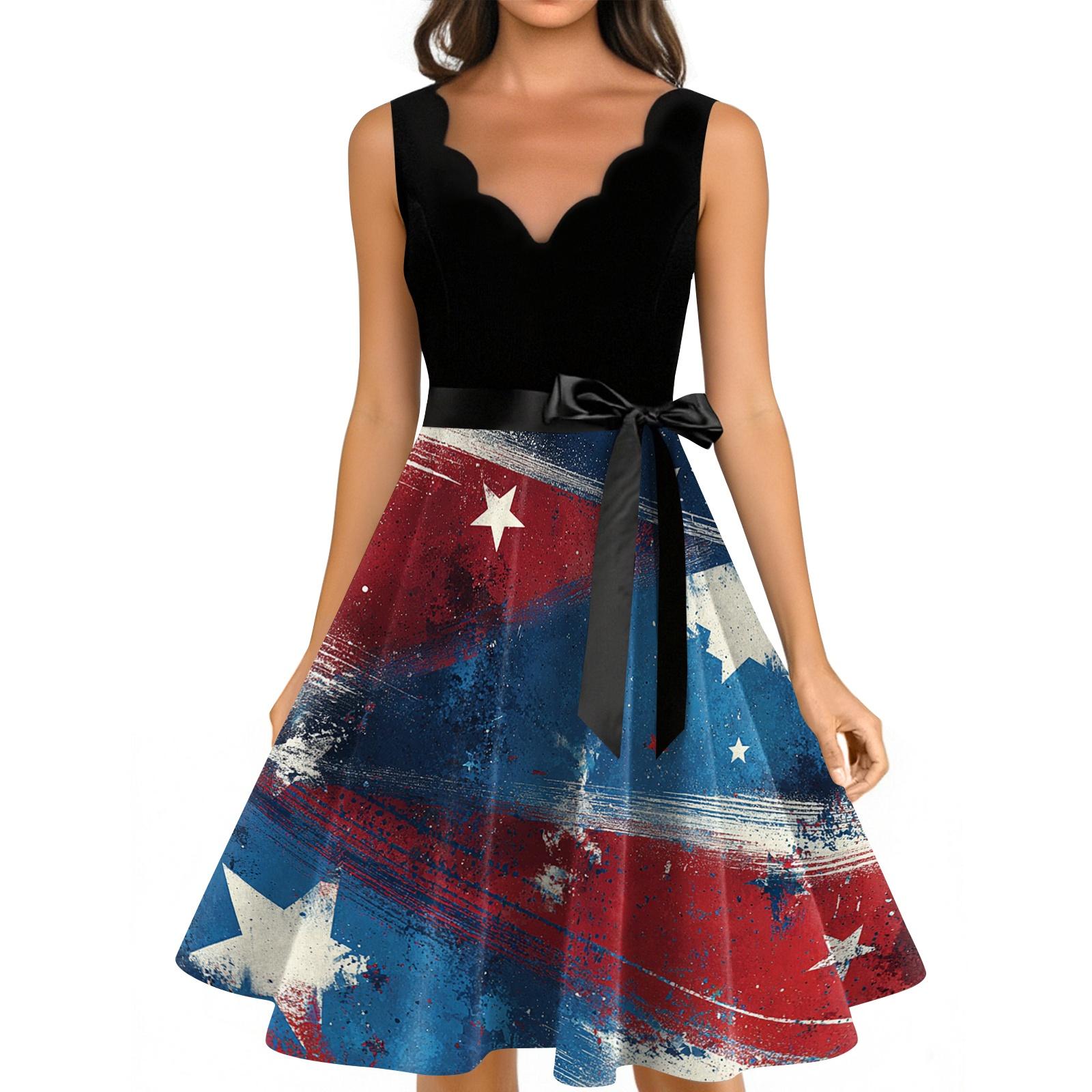 

Женское повседневное модное платье без рукавов с принтом ко Дню независимости, V-образным вырезом, в ретро стиле L синий