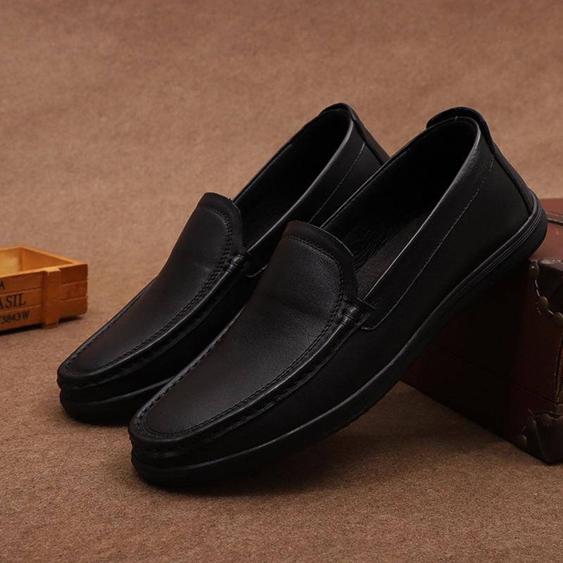 Spring and Summer New Low Cut Black Flat Heel Casual Single Shoes with Round Toe and Layered Cowhide for Business and Casual Men's Leather Shoes