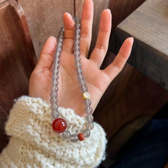 Natural New Chinese Style Necklace, Gray Agate and Red Agate Double Circle Bracelet, Cultural Item for Girls, Buddhist Prayer Beads