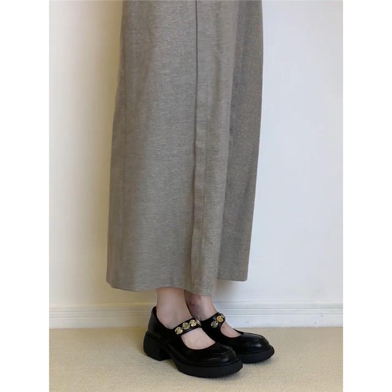 Sheepskin~ Genuine Leather Retro Thick-soled Word with Round Head Mary Jane Shoes Women's Soft Leather Soft-soled Small Leather Shoes Shallow Sin
