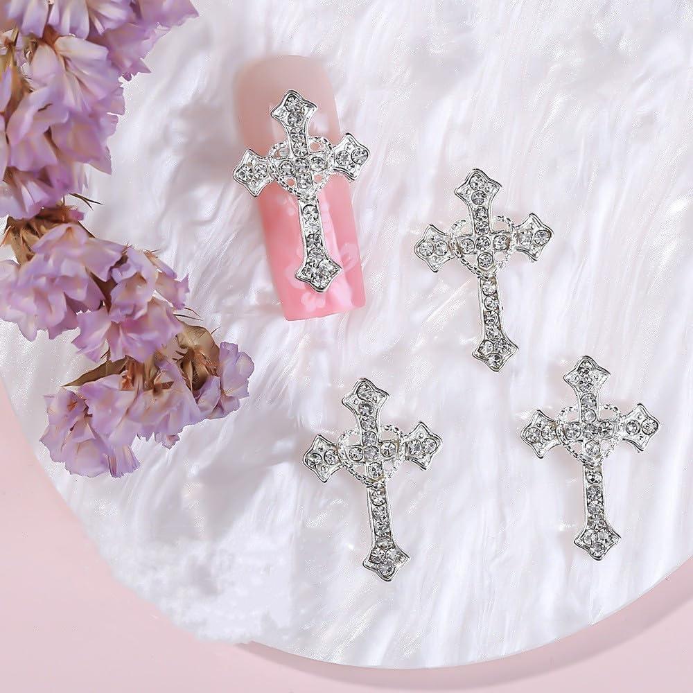 10/5pcs Punk Cross Nail Charms 3D Gold Silver Diamond Nail Art Decoration Sparkling DIY Manicure Rhinestones Jewelry for Women