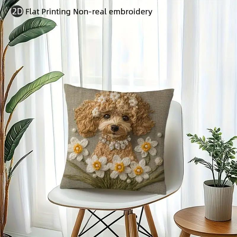 Vikama Embroidery-Style Adorable Puppy Cushion Cover Skin-Friendly Living Room Sofa Cushion Cover Bedroom Pillowcase Home Decor