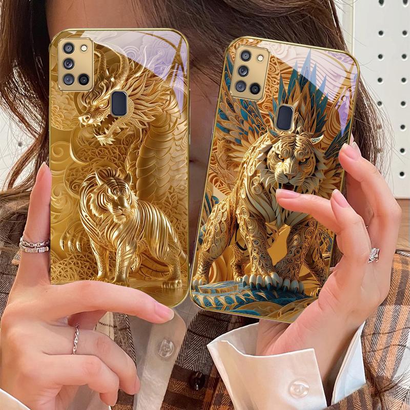 Fantasy Golden Beast For Samsung A 31 32 A33 A34 35 14 A15 13 16 25 26 50 52 53 54 55 56 70 71 72 73 Golden Glass Phone Case