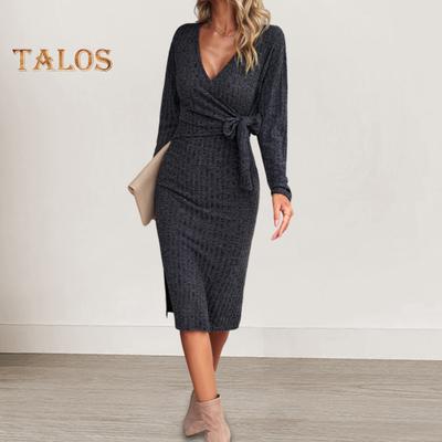 Damen Frühling Herbst Kleid Kreuz V-Ausschnitt Schnürung Slim Fit Etuikleid Lange Ärmel Knielang Gestrickt Slim Fit Elastisches Midikleid Shopping Dating Kleid
