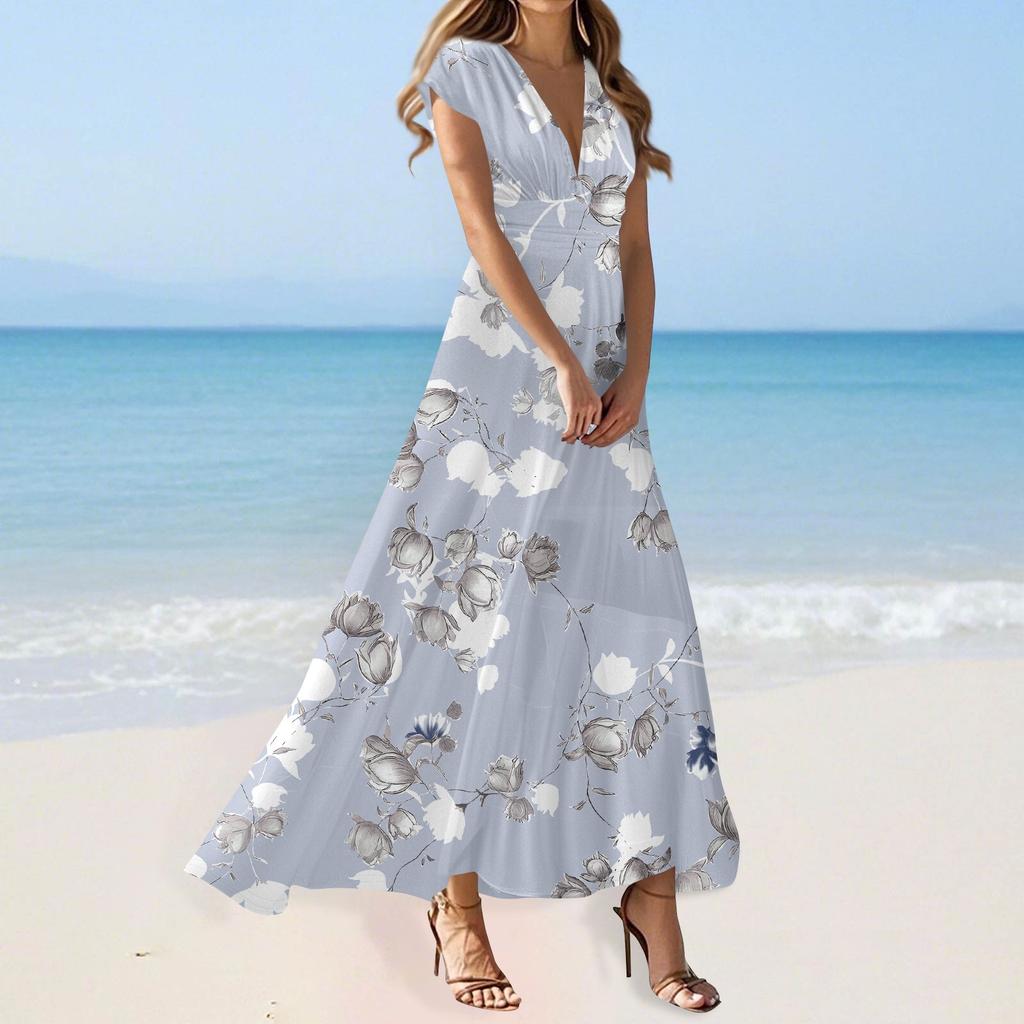 Boho Dress For Women Casual Loose Fit Summer Sundress Floral Print Dress With Pocket