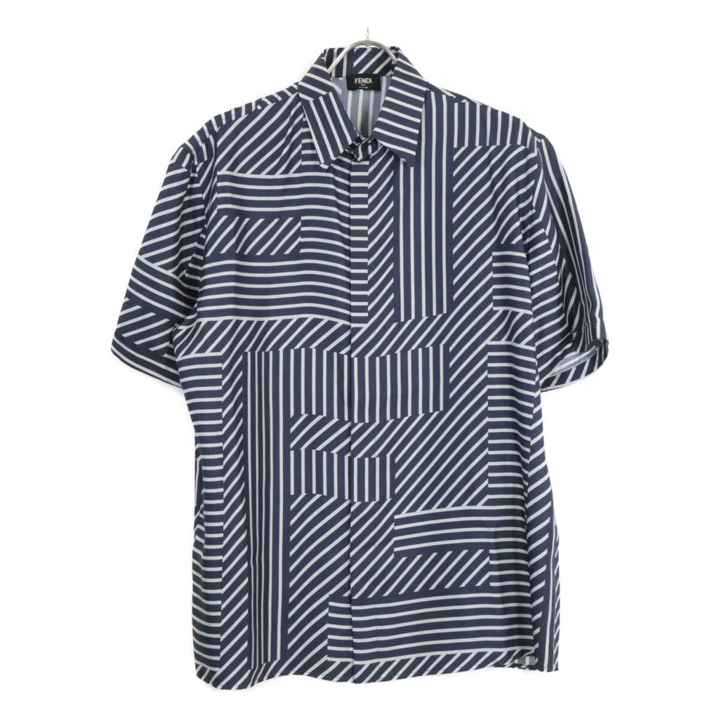 FENDI [Domestic Regular/2011 Made] FS0795 APQG Silk FF Pattern x Stripe S/S Shirt tops 38 NavyUsed