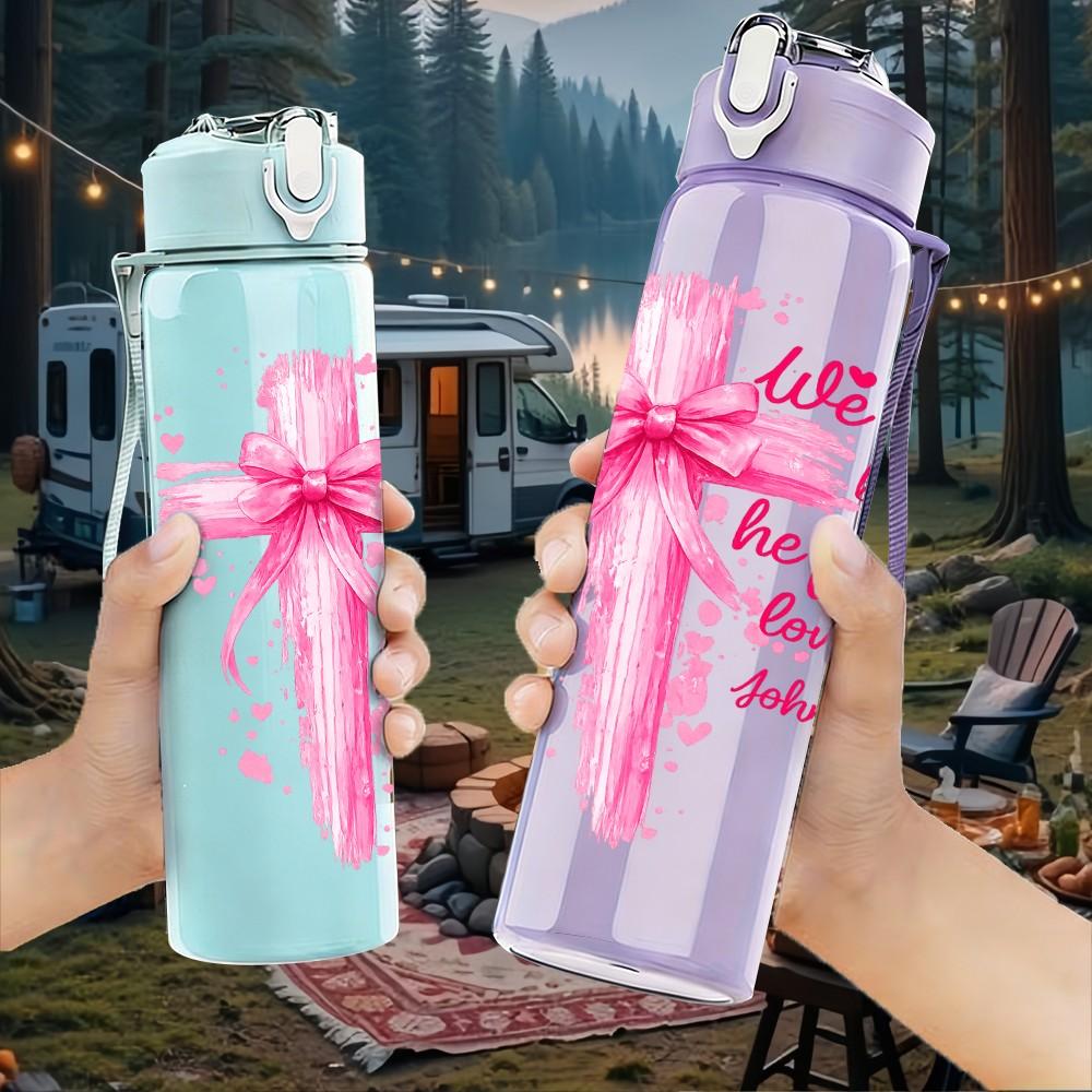1PC Pink Gift Bow Love Text Art Print 750ml Color Plastic Sports Water Bottle Leakproof Flip Straw Lid Suitable for Sports Office Home Use