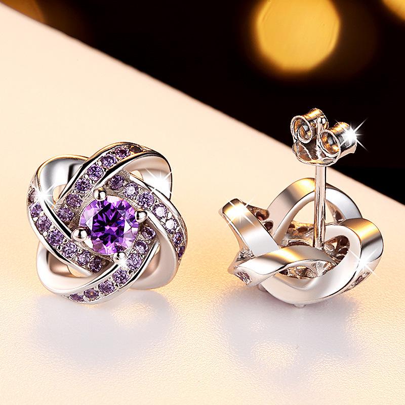 Amethyst Four-Leaf Clover Silver Stud Earrings - 999 Silver Korean Style