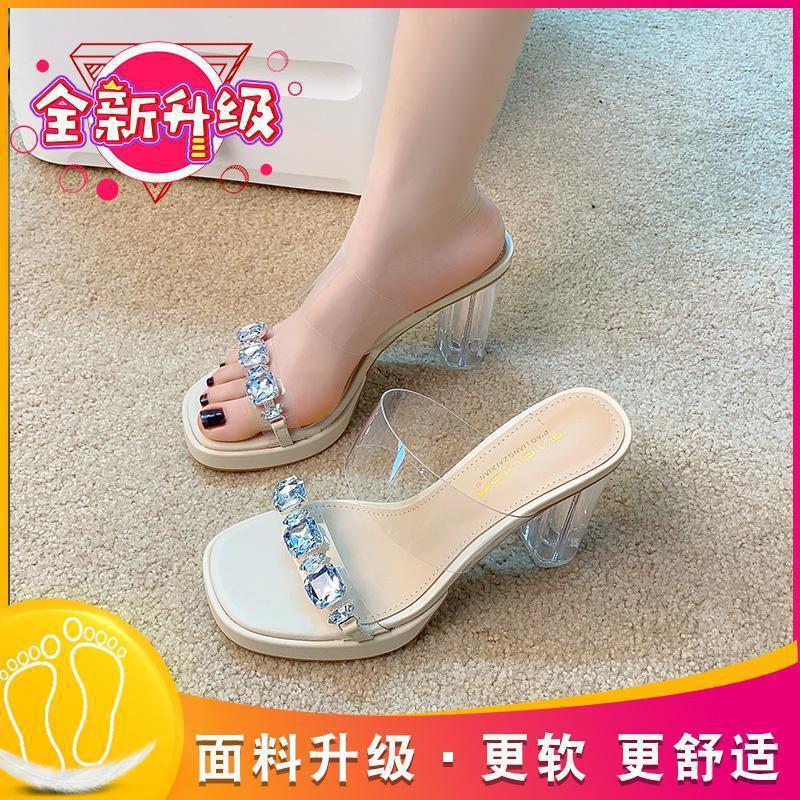 Cool slippers female ins tide 2025 summer Internet celebrity transparent open-toed high-heeled one-word French temperament rhinestone slippers