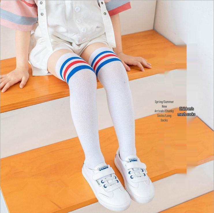 Kids' Three-Stripe Mesh Mid-Calf Cotton Slouch Socks - Breathable Spring & Summer Over-the-Knee Football Socks