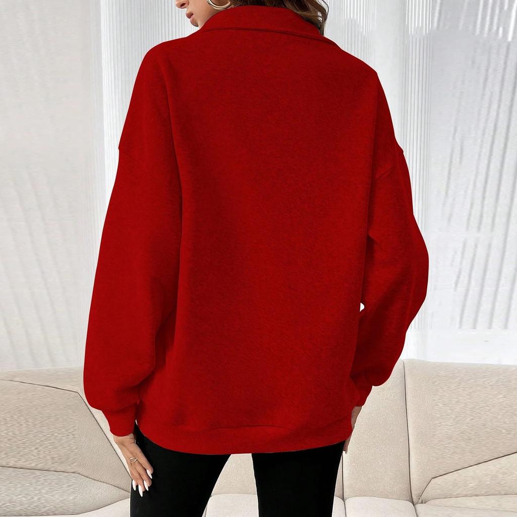 Damen Casual Mode Halber Reißverschluss Revers Einfarbig Lässiges Oberteil Sweatshirt