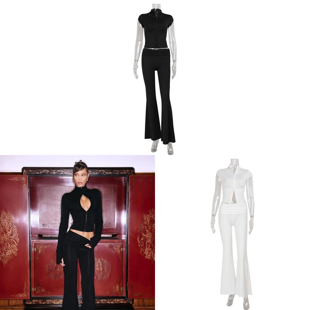 Sexy Girl Black Short Sleeve Crop Top And Flared Pants Set With Pleated Details For Streetwear Fashion
