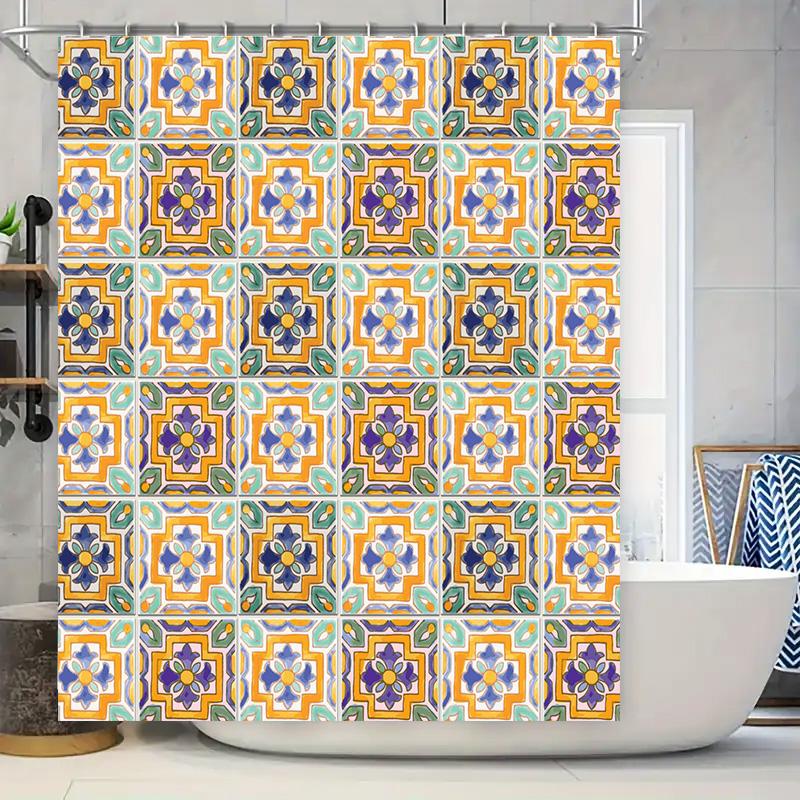 

Modern Floral Shower Curtain Set Waterproof Bath Decor With Printed Flowers In Orange Blue Perfect For Home Bathroom Renovations W60H190(CM)-1 Pcs