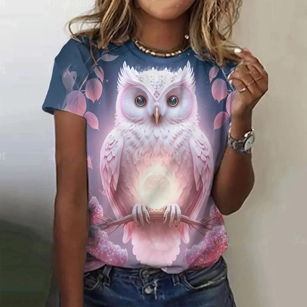 Summer new animal owl pattern 3D printed T-shirt for women, short sleeved round neck T-shirt