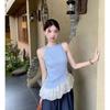 New Niche Slim-fit Spice Girl Plaid Top Design Sense Irregular Splicing Sleeveless Sling Vest Women's Summer