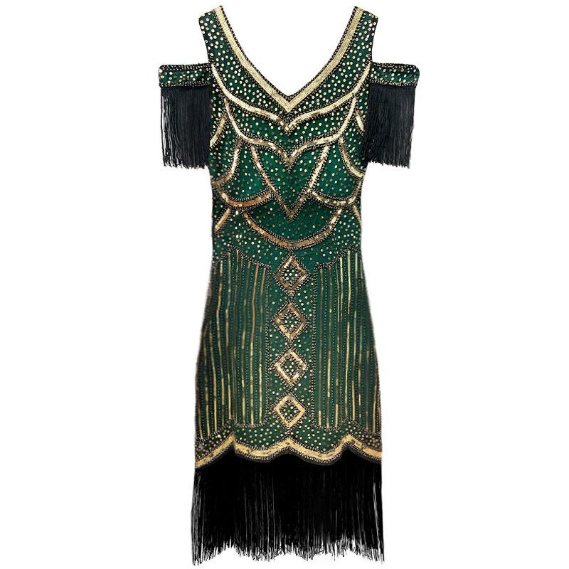 Women's 1920s Gatsby Flapper Dress, Vintage Sequin Fringe V-Neck Cocktail Party Dress