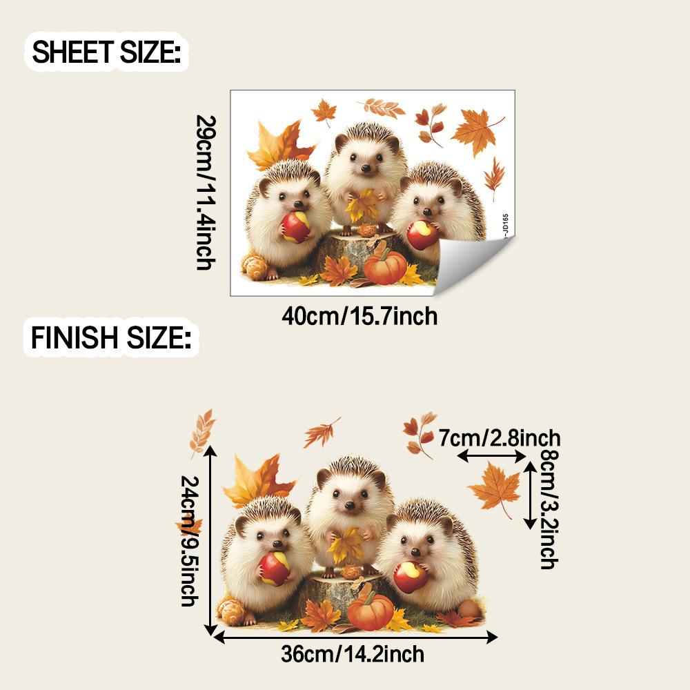 Cute Hedgehog Eating Apples, Autumn Fallen Leaves, Home Glass Window Decoration Stickers