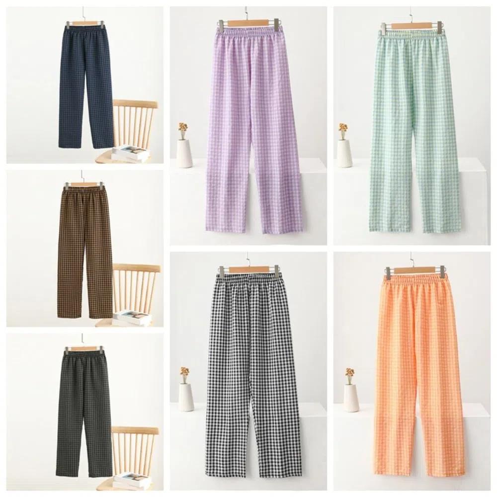 

Trousers Lattice Pajams Pants Candy Color Loose-fit Plaid Sleepwear Stripe Grid Pants Teenagers M-Blue Short