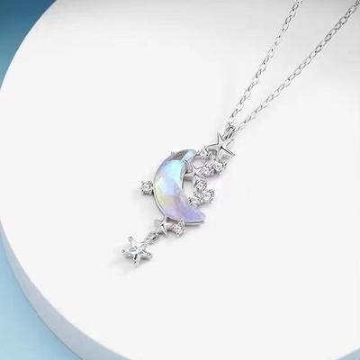 Star Moon Moonstone Titanium Steel Chain Necklace Romantic Pendant Jewelry