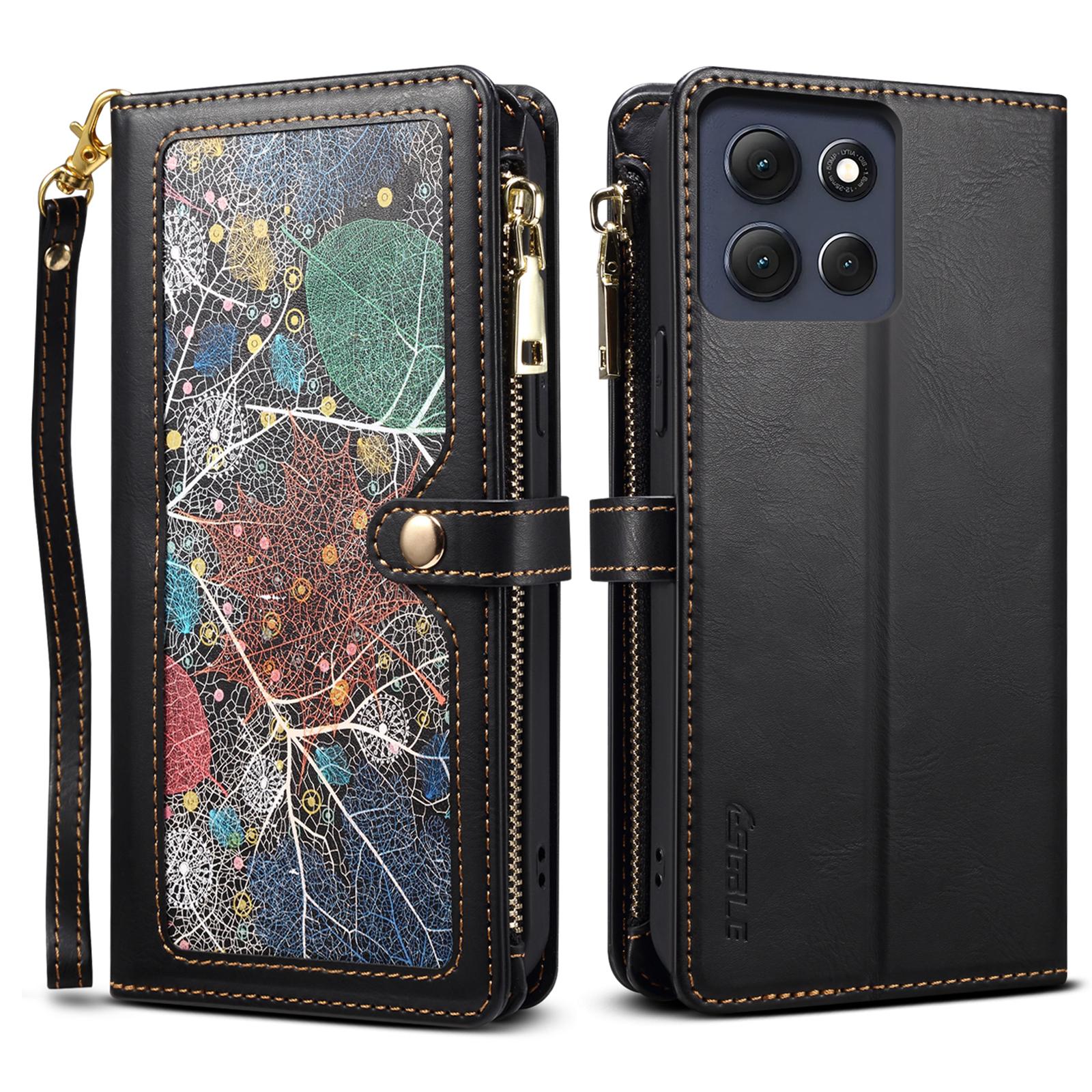 

ESEBLE Galaxy Series For Motorola Moto G56 5G Case RFID Blocking Leather Zipper Phone Cover with Shoulder Strap+Wrist Strap Black